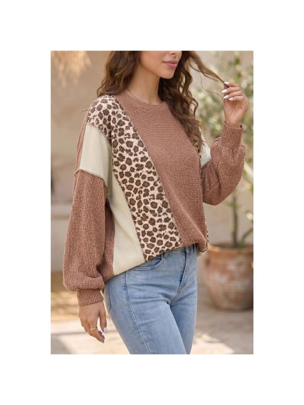 Leopard Print Colorblock Ribbed Knit Blouse - Picture 3 of 3